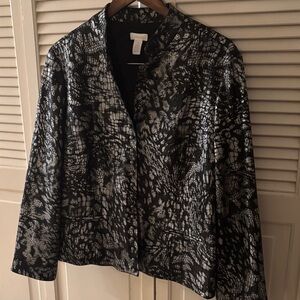 Chico’s black & silver alligator print jacket front buttons dressy profess Sz 2